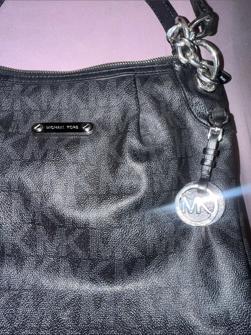 Michael Kors Black Logo-Print Leather Shoulder Bag with Silver Hardware
